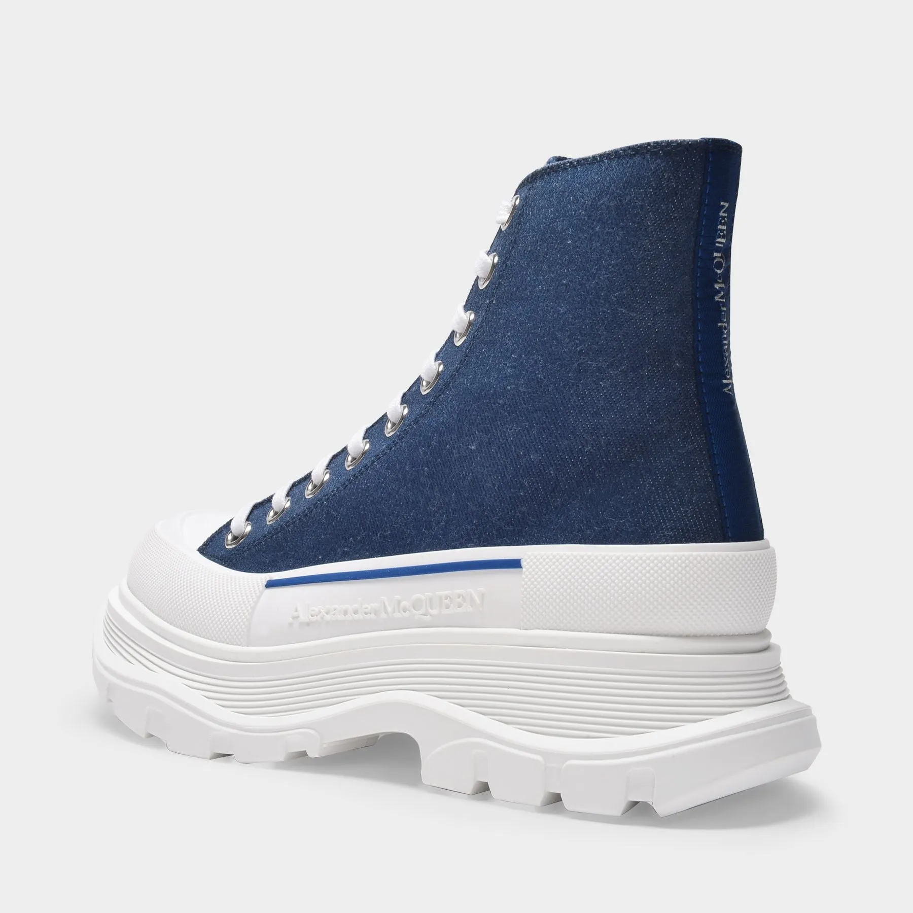 Alexander McQueen  Tread Slick Sneakers in Indigo Blue Leather and White Rubber Sole