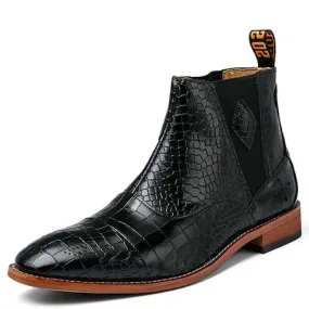 Black brogue crocodile skin pattern slip on shoe boot