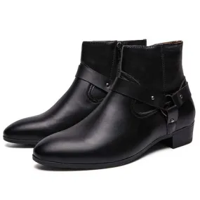 Black buckle strap side zip slip on shoe boot