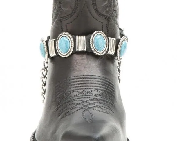 Black leather cowboy boot straps with oval turquoise stones