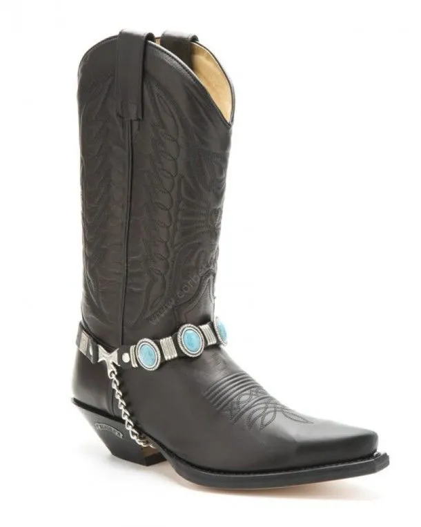 Black leather cowboy boot straps with oval turquoise stones