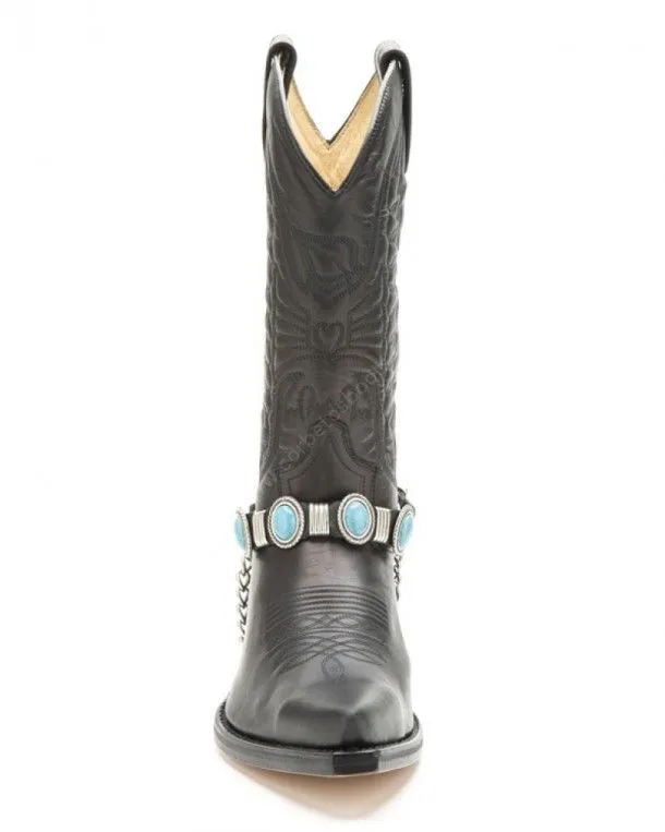 Black leather cowboy boot straps with oval turquoise stones