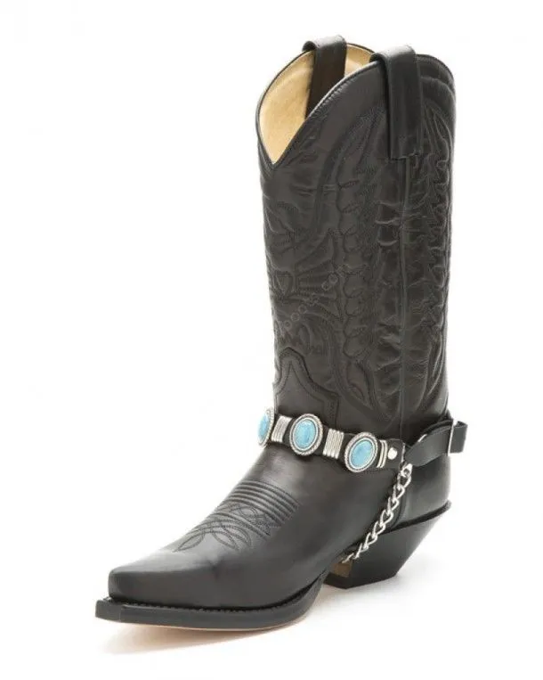 Black leather cowboy boot straps with oval turquoise stones