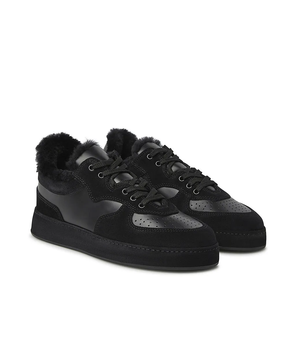 Black leather, suede and shearling sneakers