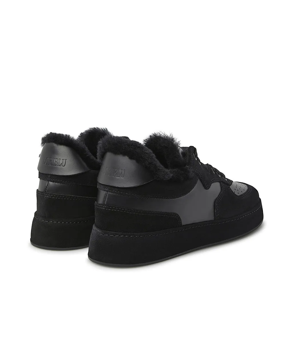 Black leather, suede and shearling sneakers