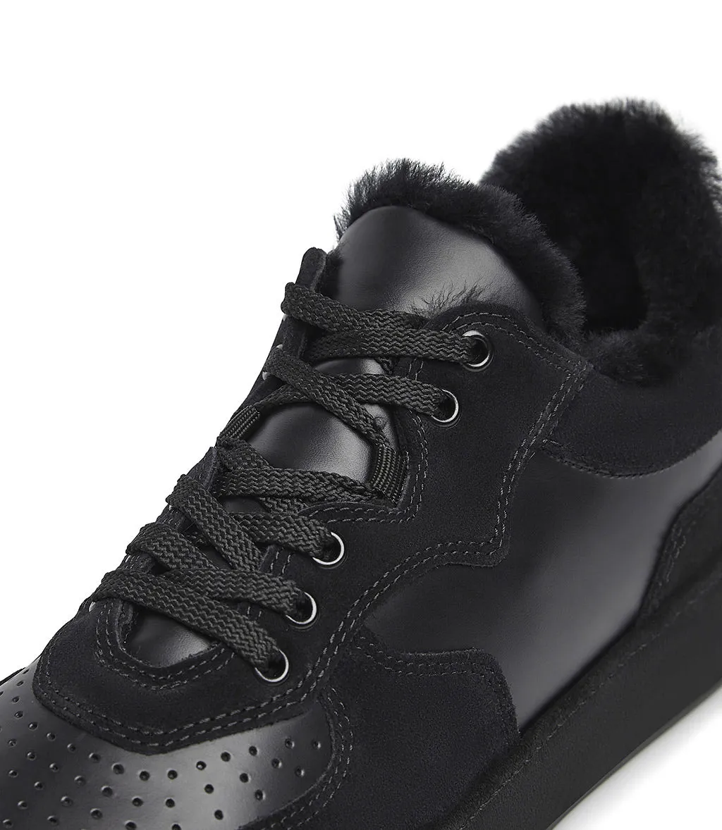 Black leather, suede and shearling sneakers