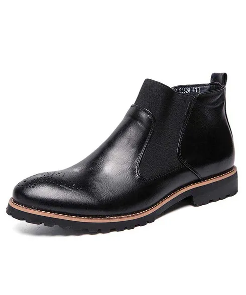 Black retro brogue slip on dress shoe boot