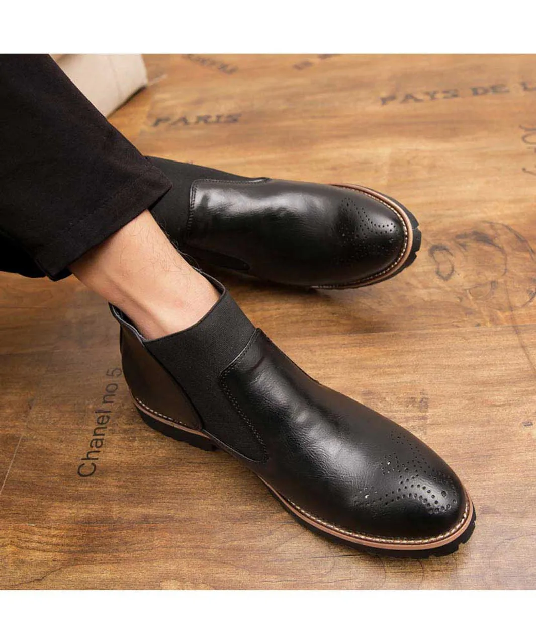 Black retro brogue slip on dress shoe boot