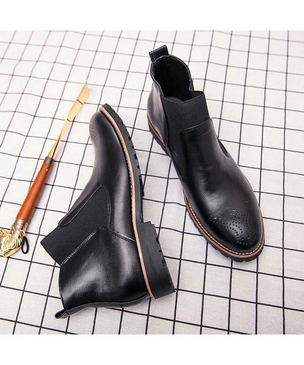 Black retro brogue slip on dress shoe boot