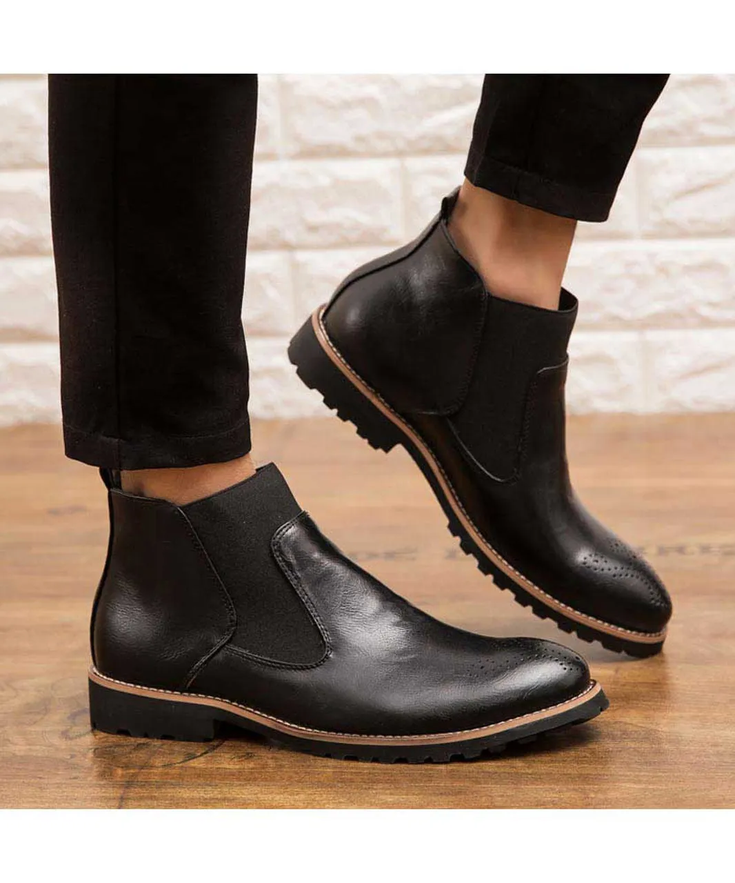 Black retro brogue slip on dress shoe boot