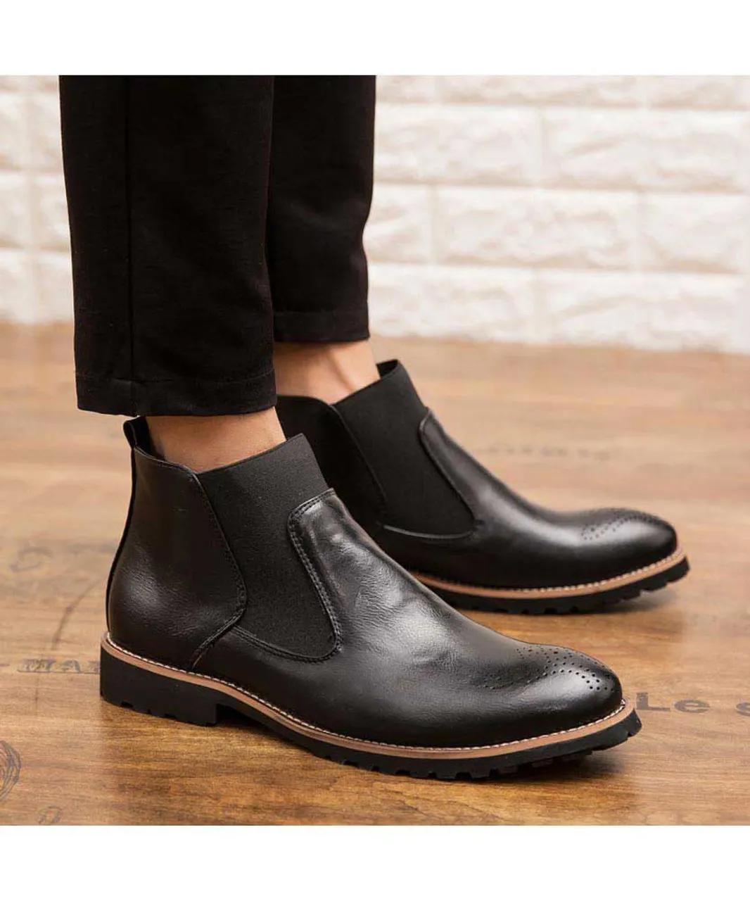 Black retro brogue slip on dress shoe boot