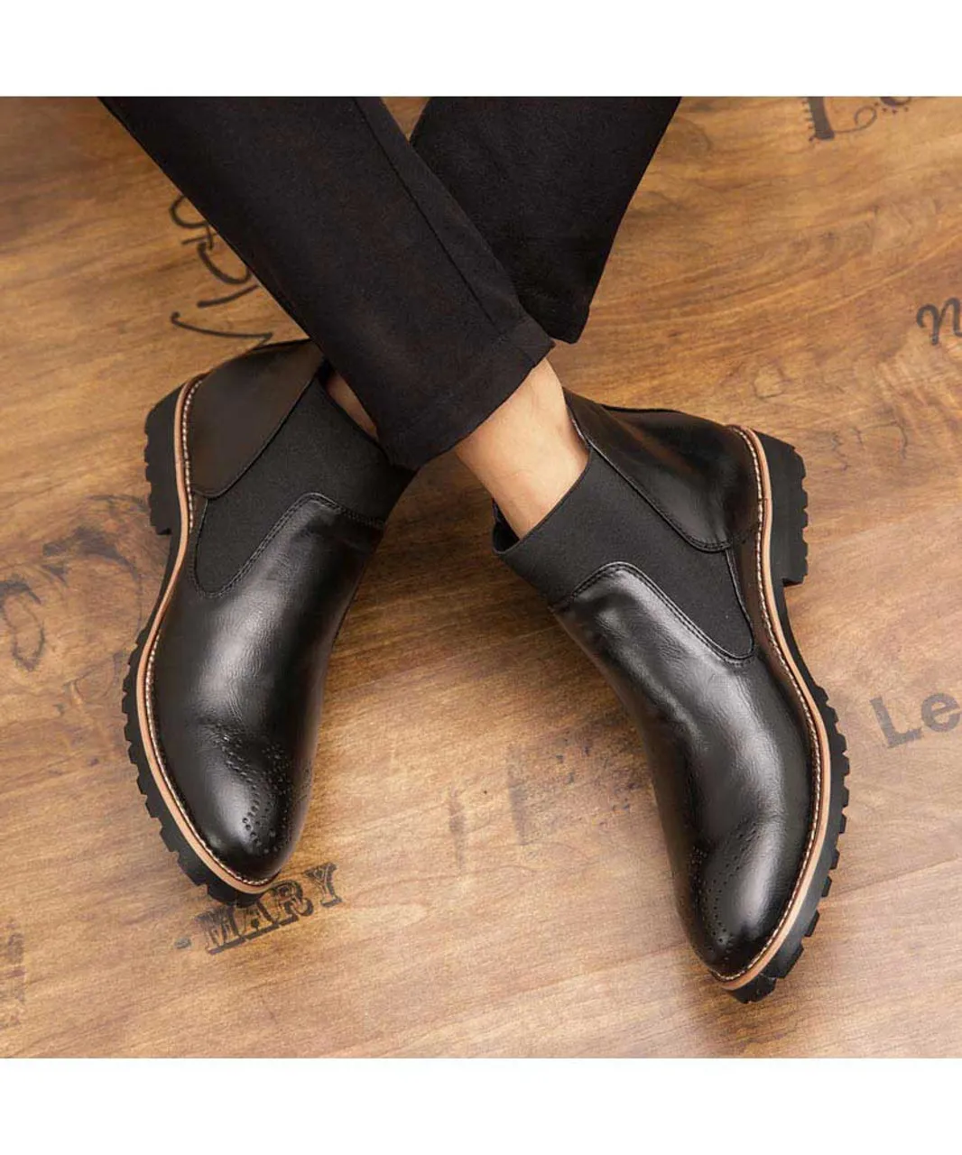 Black retro brogue slip on dress shoe boot