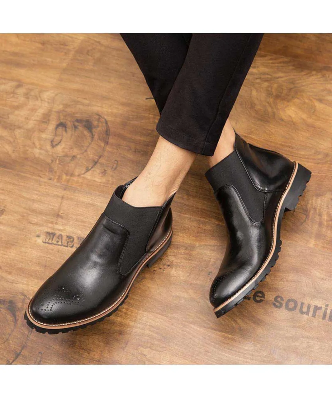 Black retro brogue slip on dress shoe boot