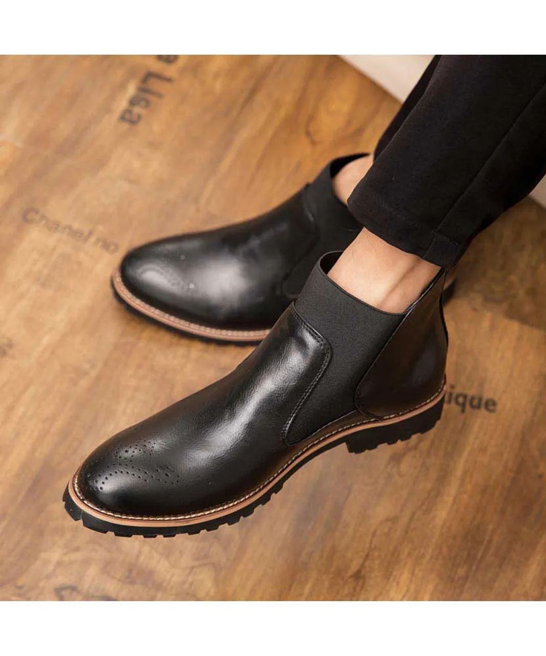 Black retro brogue slip on dress shoe boot