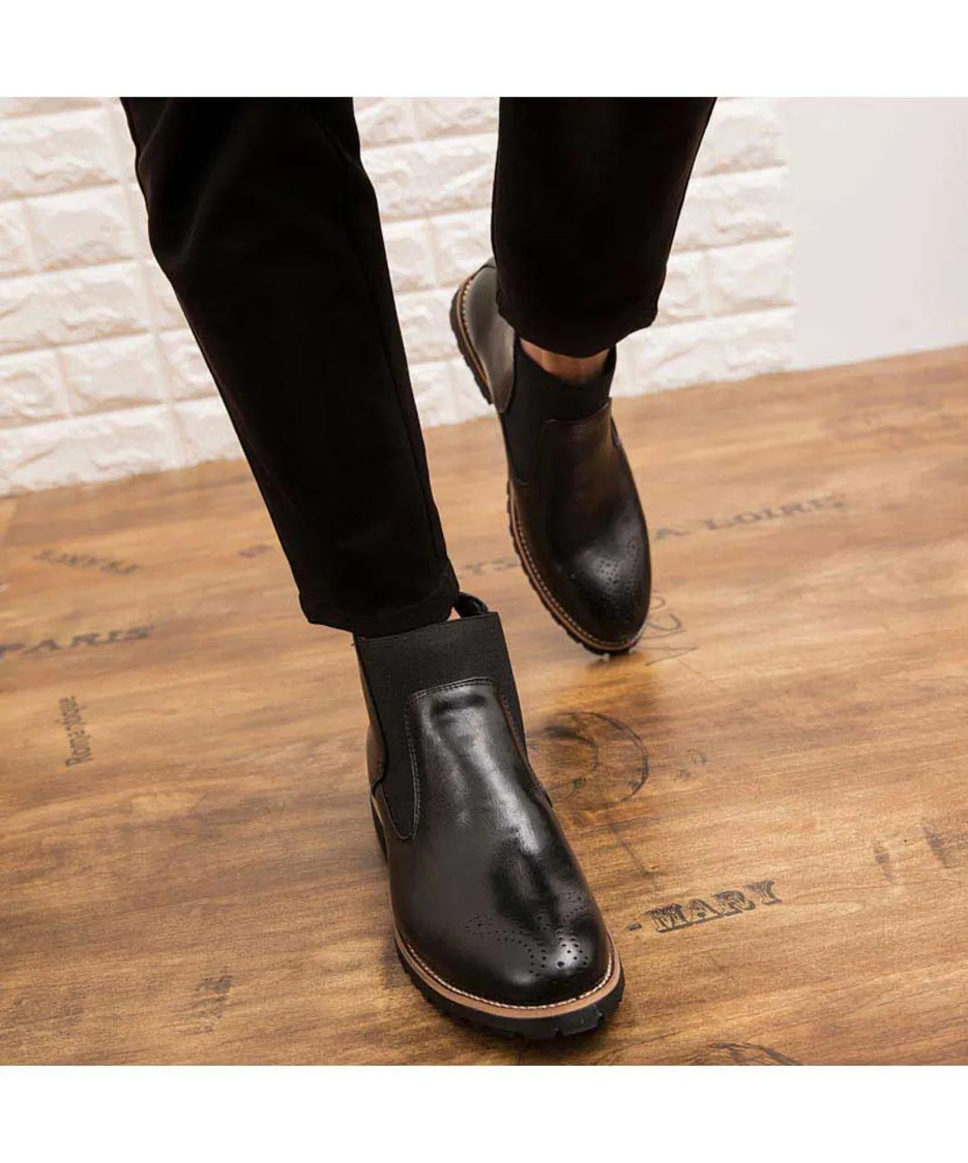 Black retro brogue slip on dress shoe boot