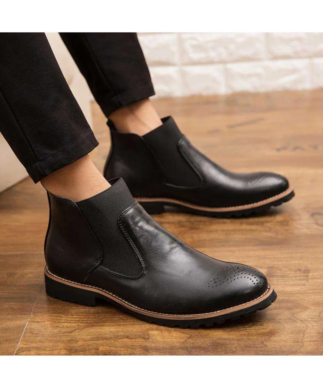 Black retro brogue slip on dress shoe boot