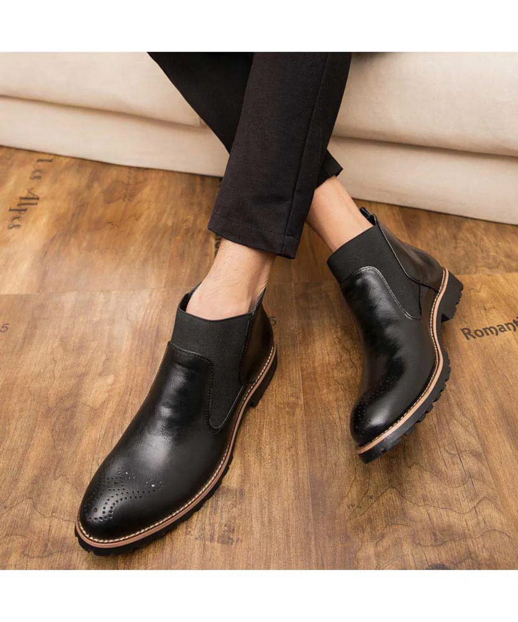 Black retro brogue slip on dress shoe boot