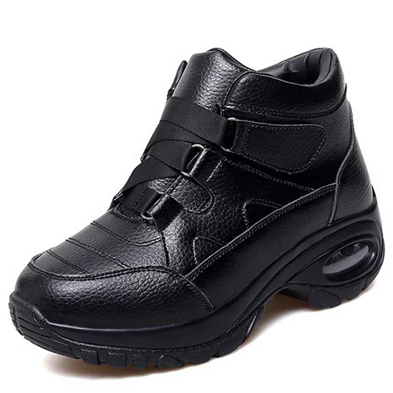 Black velcro thread accents double rocker bottom shoe boot