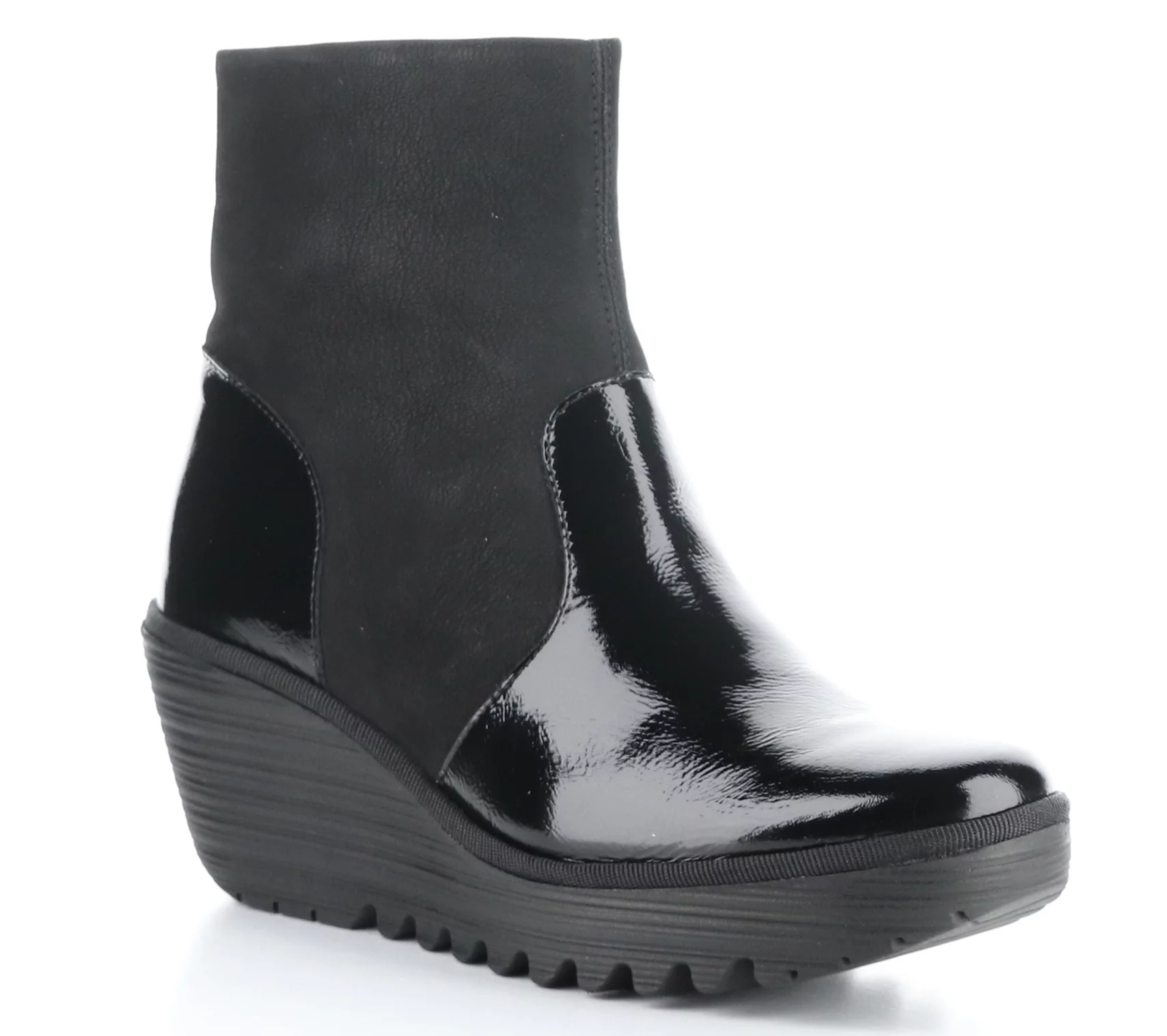 Fly London Patent Leather/Suede Wedge Boot- Yuxi