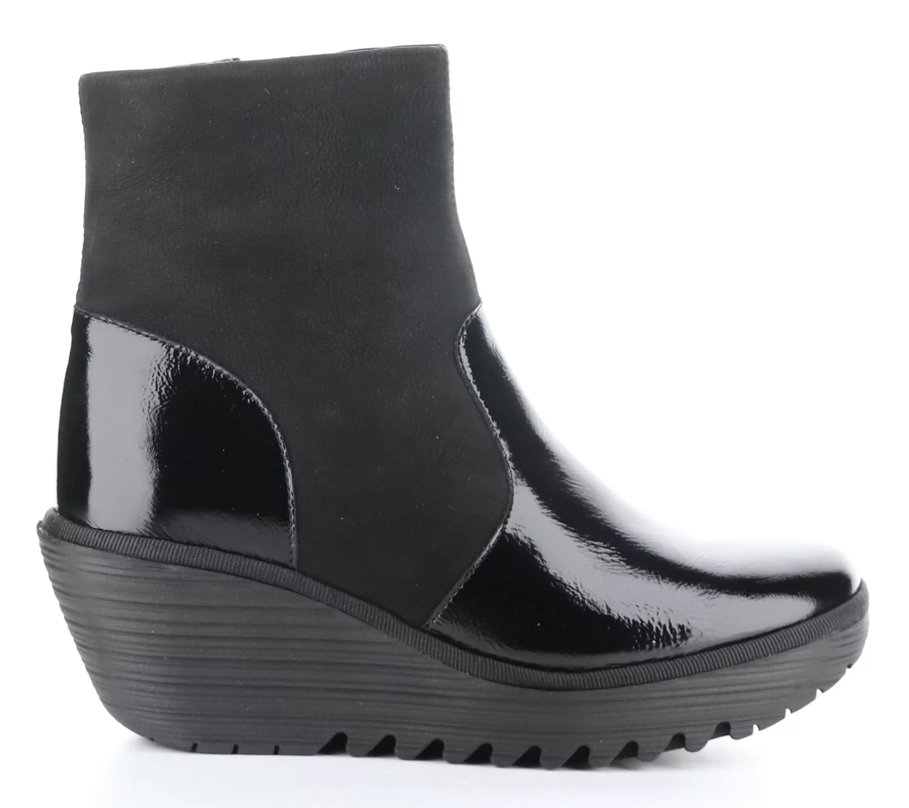 Fly London Patent Leather/Suede Wedge Boot- Yuxi