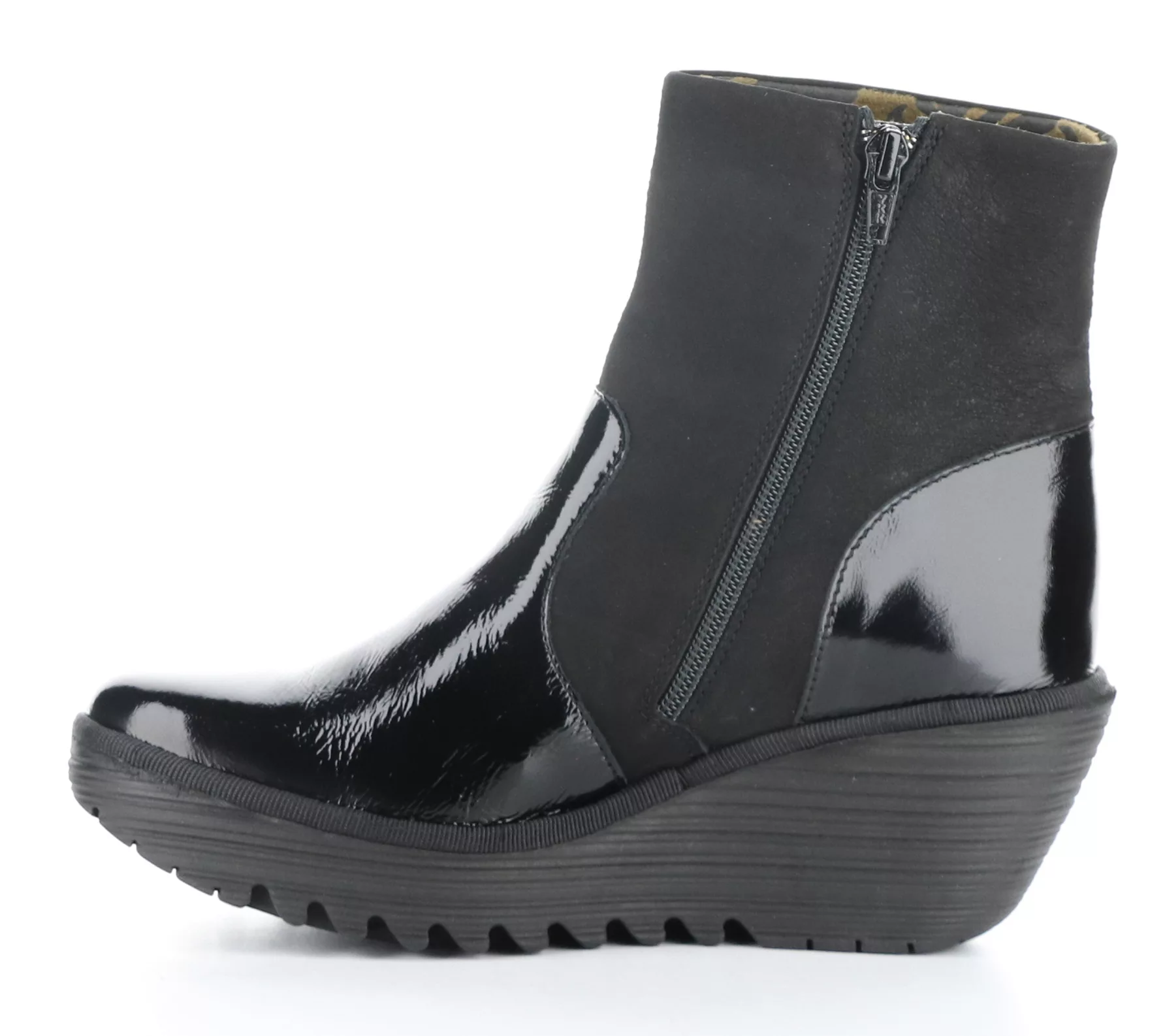 Fly London Patent Leather/Suede Wedge Boot- Yuxi