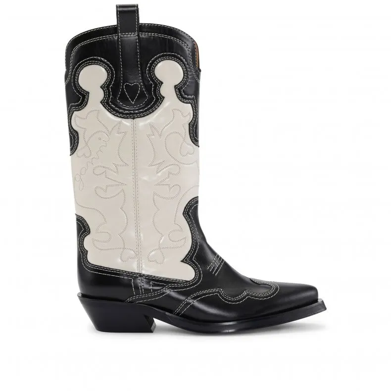 GANNI Mid Shaft Embroidered Western Boot (Black/Egret)