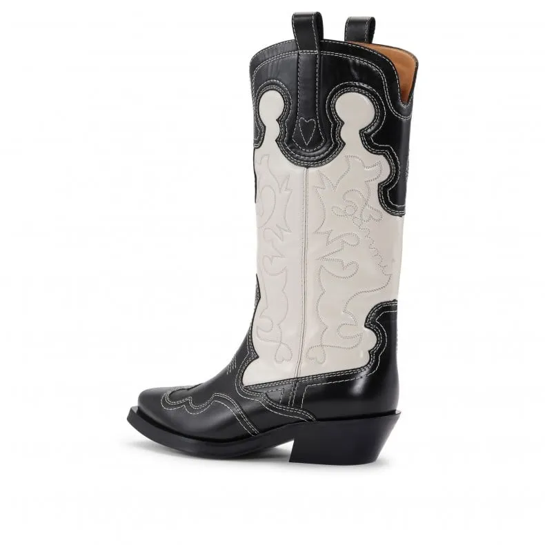 GANNI Mid Shaft Embroidered Western Boot (Black/Egret)