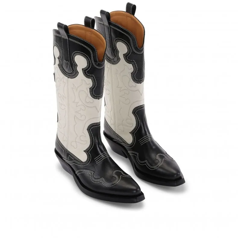 GANNI Mid Shaft Embroidered Western Boot (Black/Egret)