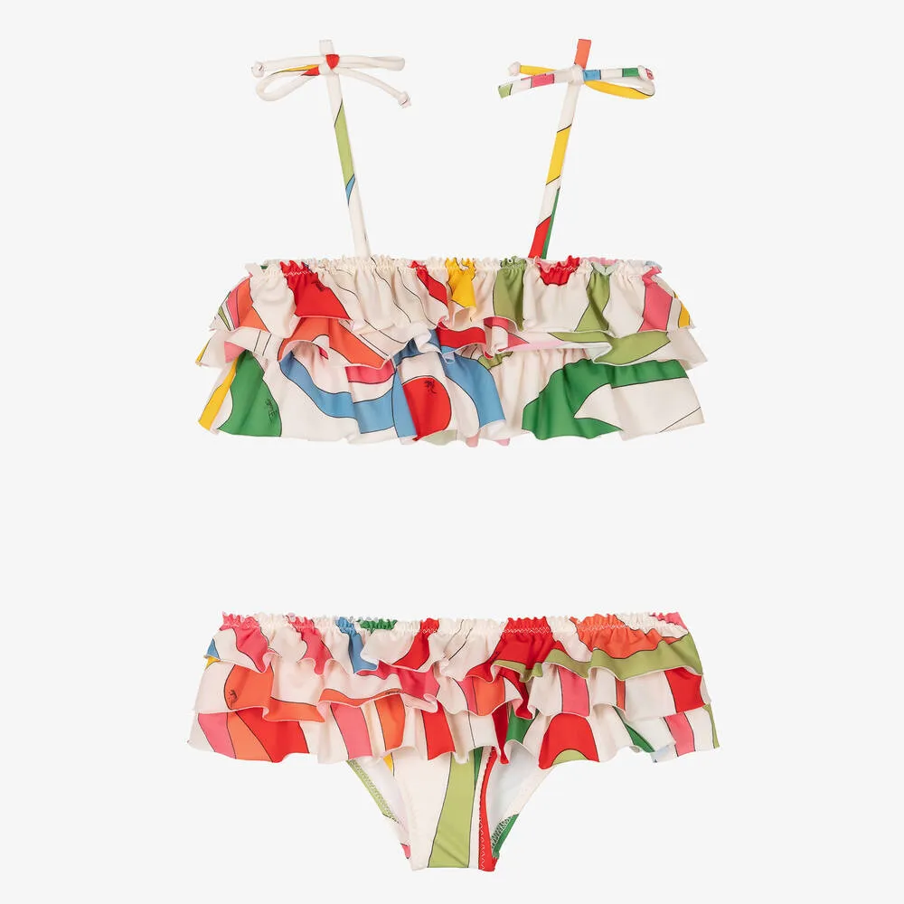 Girls Ivory Marmo Print Frills Bikini