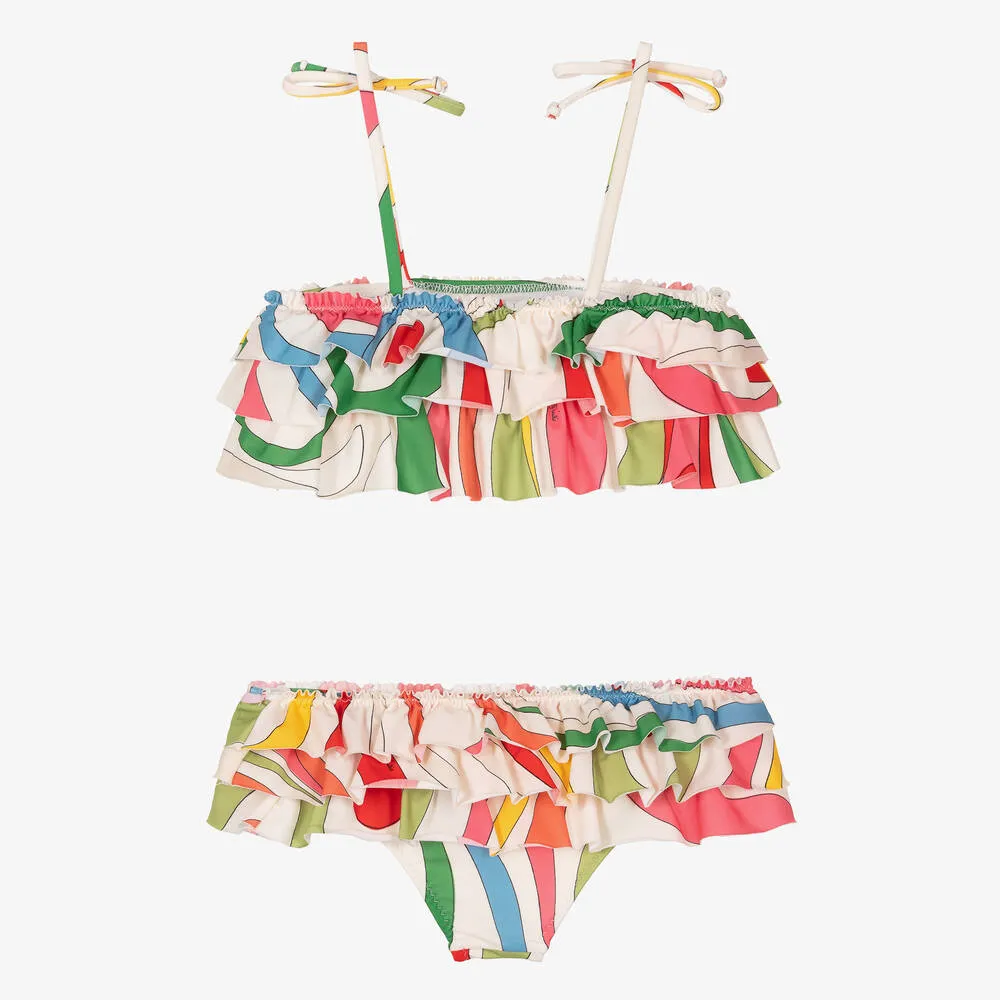 Girls Ivory Marmo Print Frills Bikini