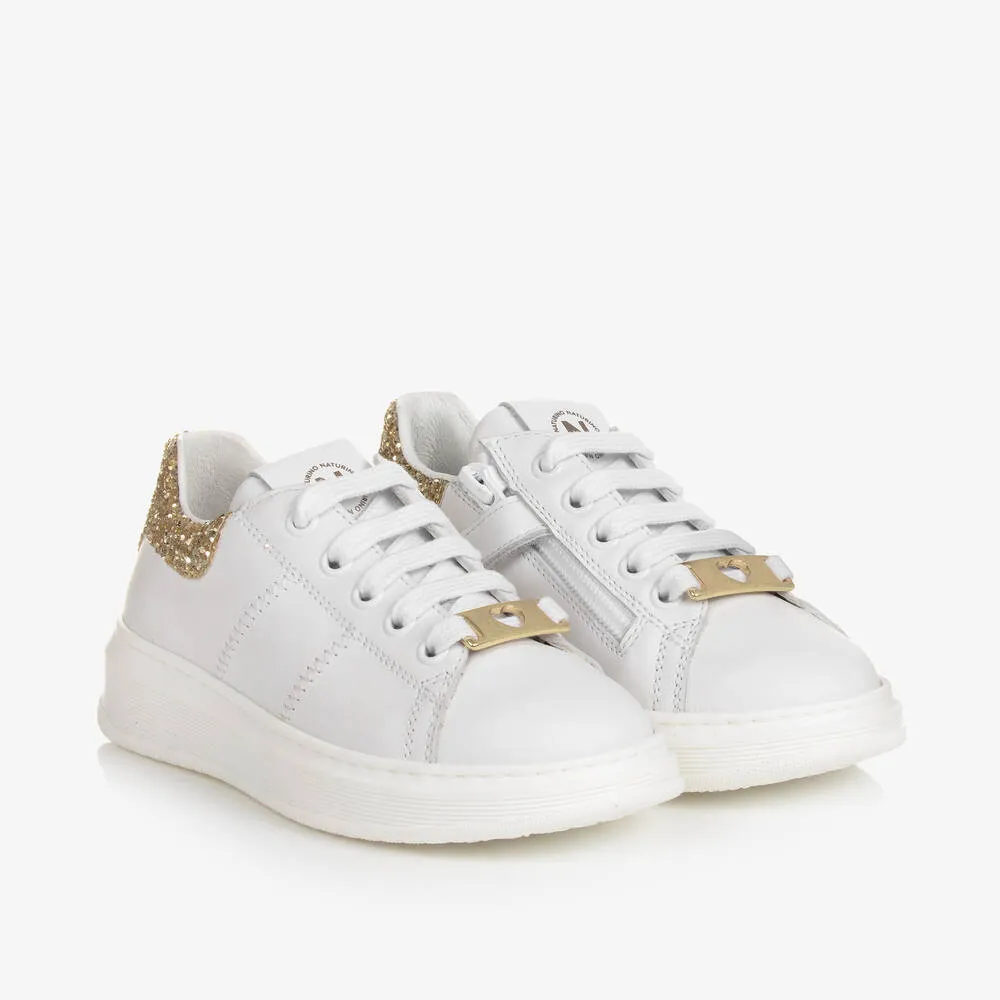 Girls White & Gold Leather Trainers