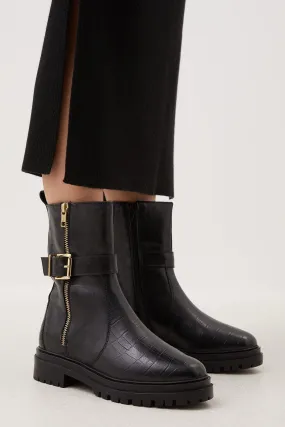 Leather Croc Chunky Buckle Midcalf Boot | Karen Millen