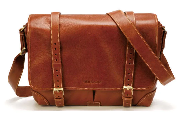 Men's cognac leather shoulder bag with flap 2211-11