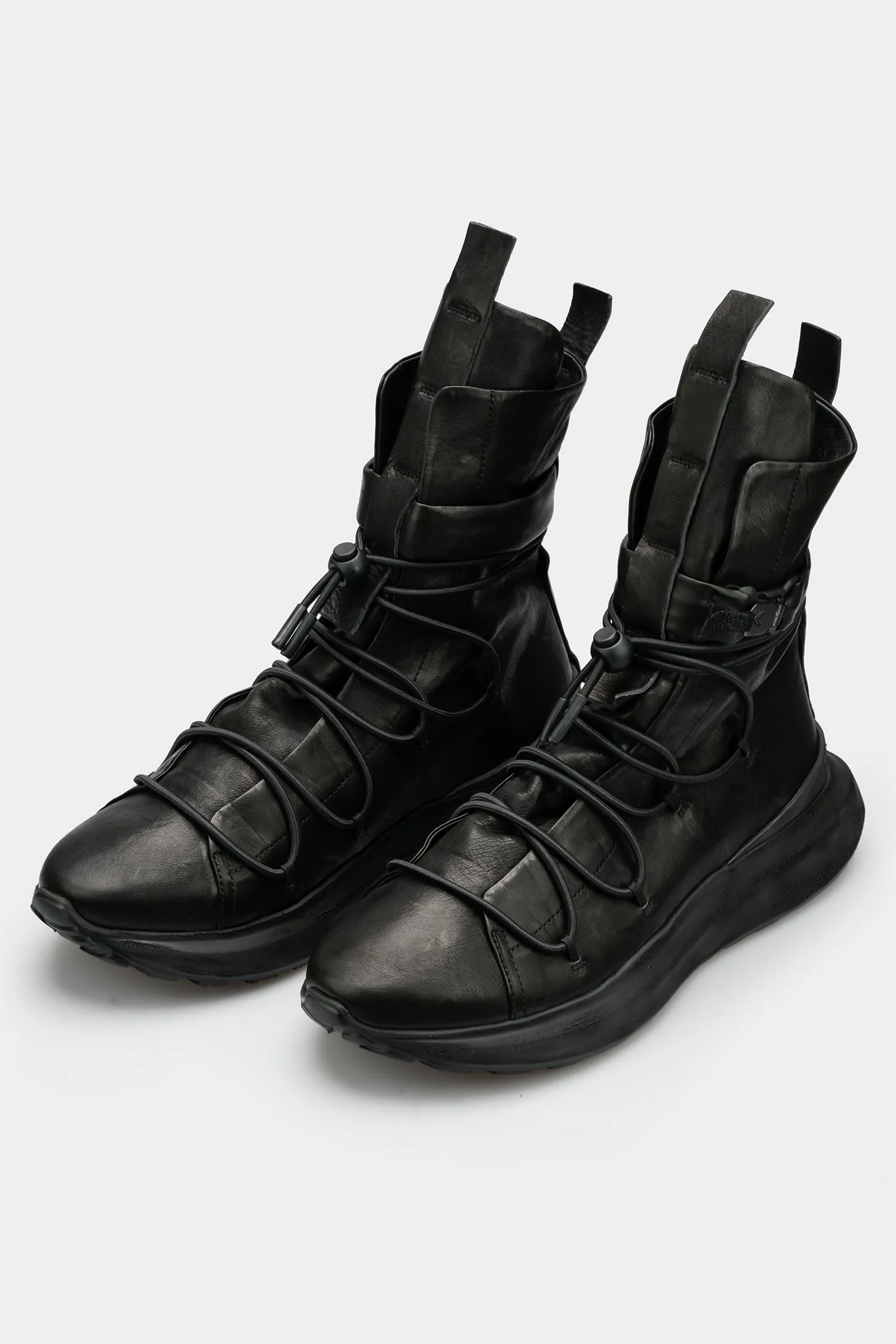 Metal buckle laced calf leather sneakers