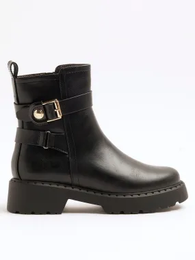 River Island Wide Fit Chunky Buckle Boot - Black