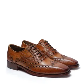 Tan Leather Formal Shoes with Wingtip Punching Brogue Oxford Lace-Up Closure