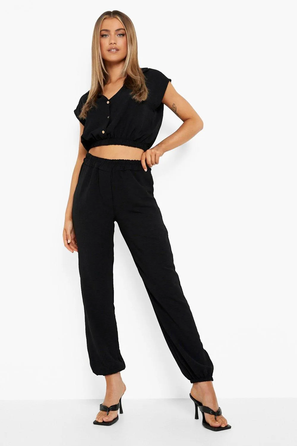 Textured Cropped Shirt & Relaxed Fit Joggers