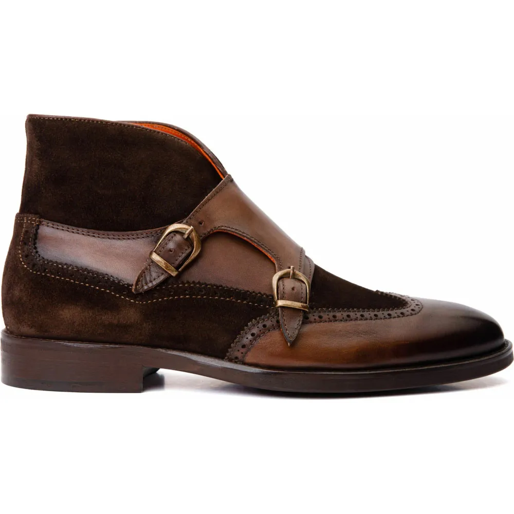 Vinci Leather The Albus Brown Leather / Suede Double Strap Monk Brogue Boot (X-559 (549-113))