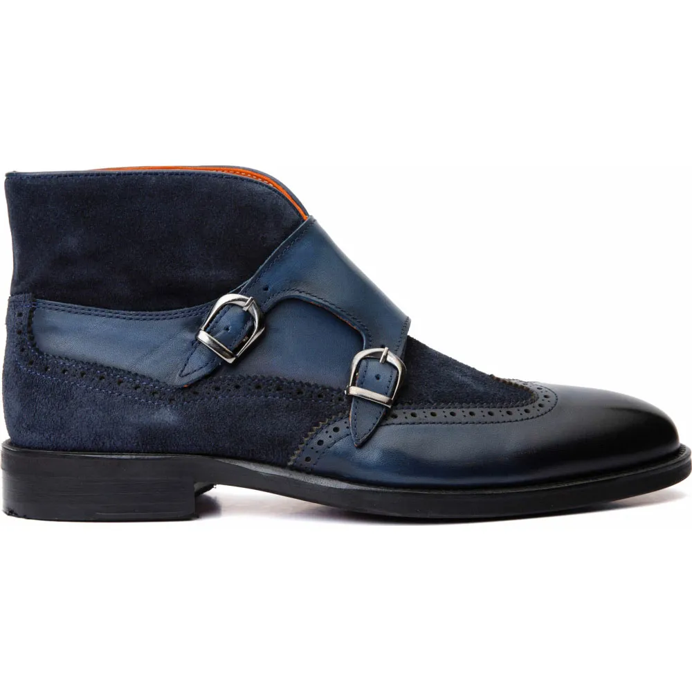 Vinci Leather The Albus Navy Leather / Suede Double Strap Monk Brogue Boot (X-559 (549-12))