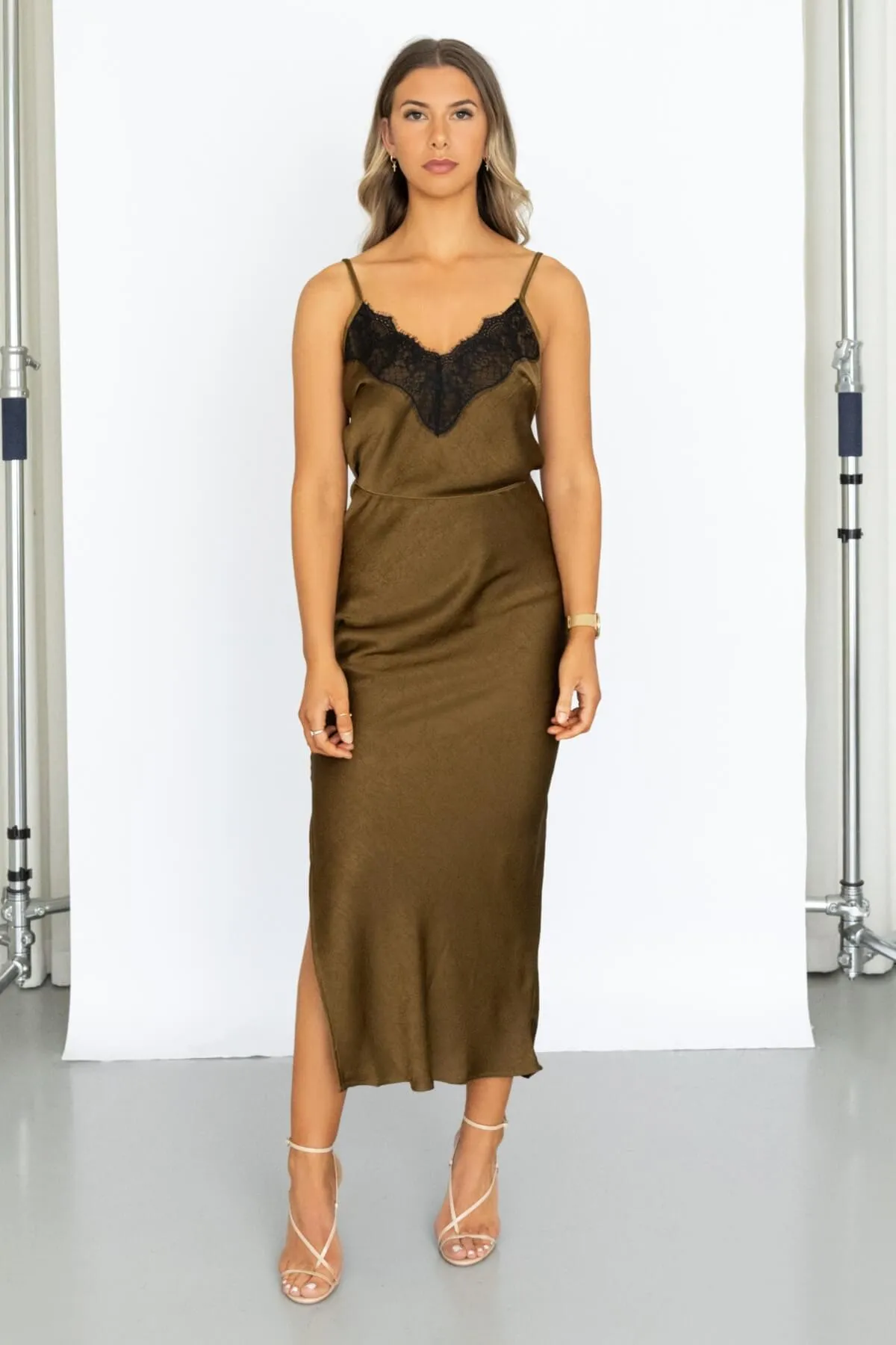 Wade Skirt - High Waist Bias Cut Midi Skirt - Bronze