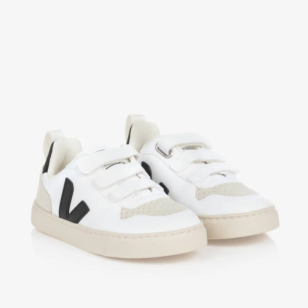 White & Black Faux Leather V-10 Trainers