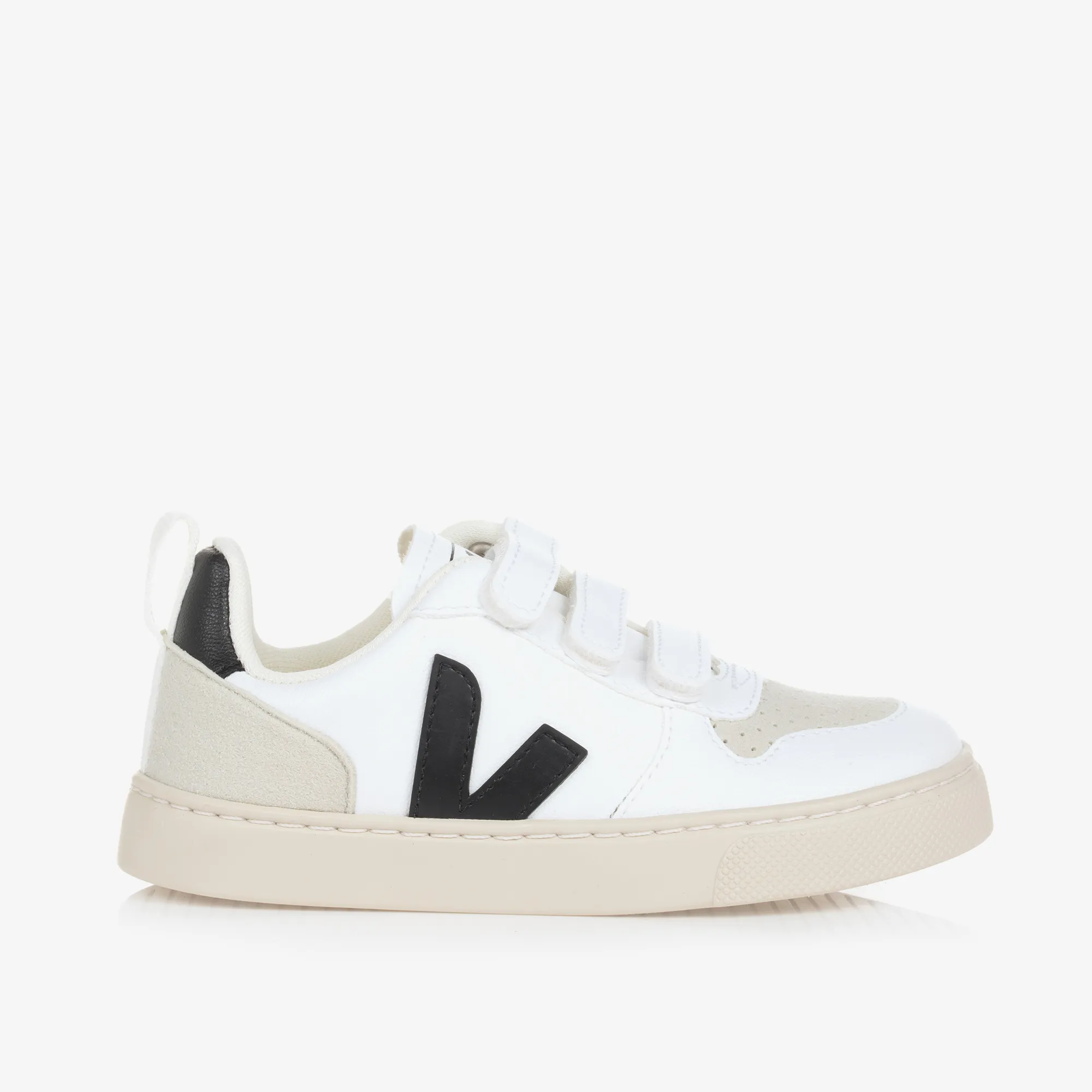 White & Black Faux Leather V-10 Trainers