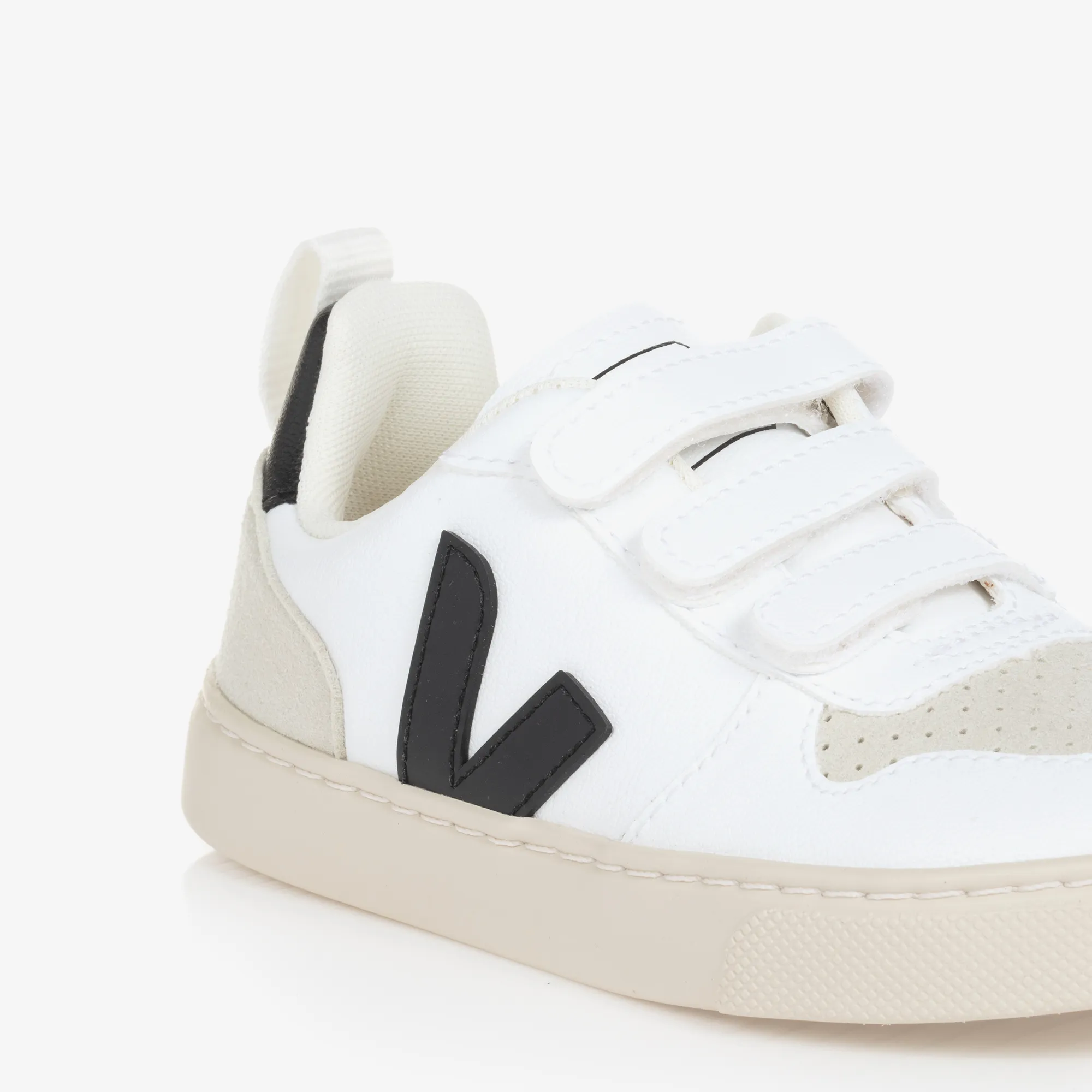 White & Black Faux Leather V-10 Trainers